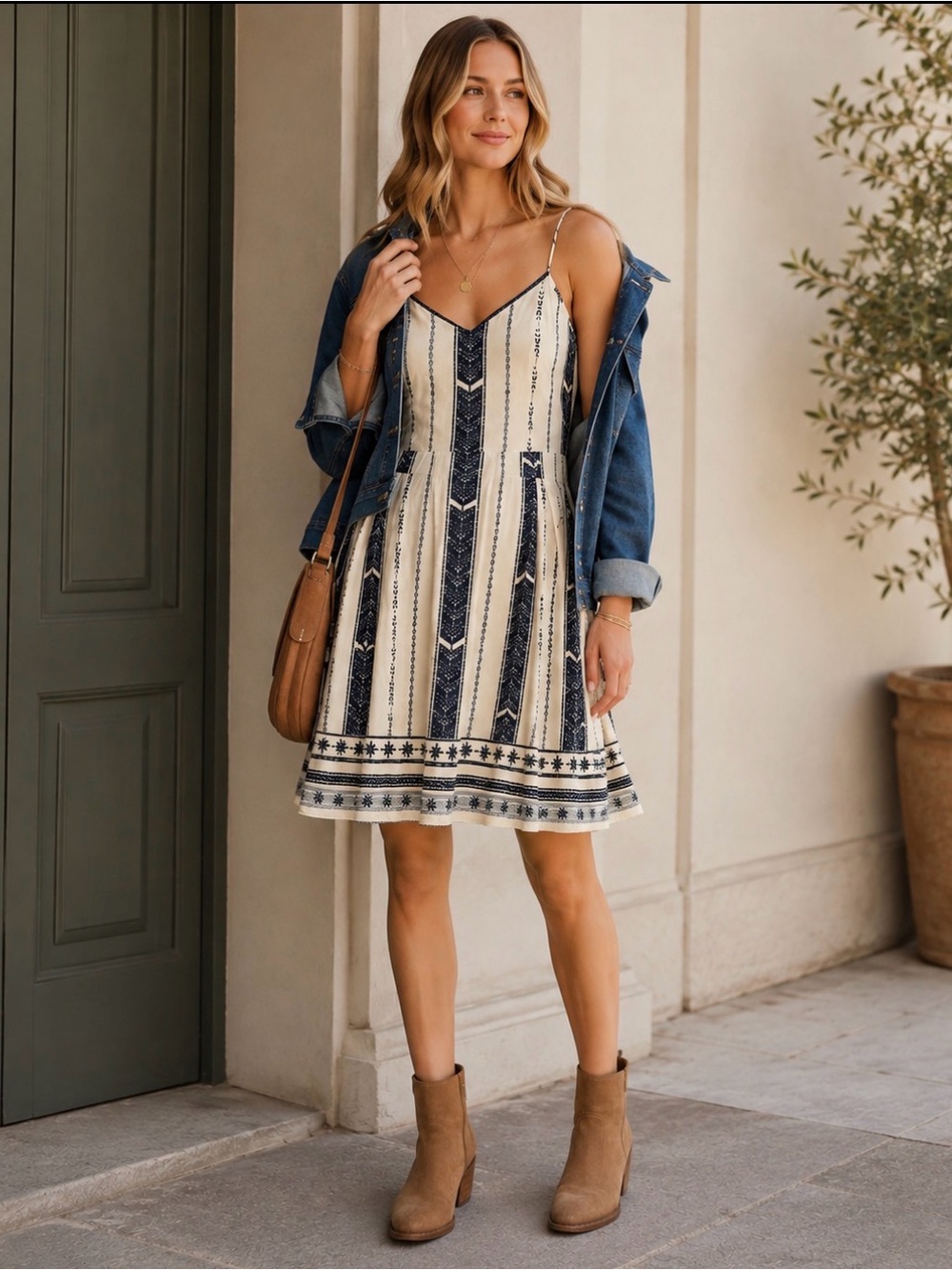 NWT AQUA Geometric Striped Boho Cami Dress Cream Navy Blue Size XS